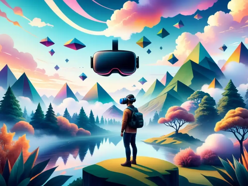 Un paisaje surrealista en realidad virtual con formas flotantes y criaturas abstractas entre nubes pixeladas y follaje pixelado