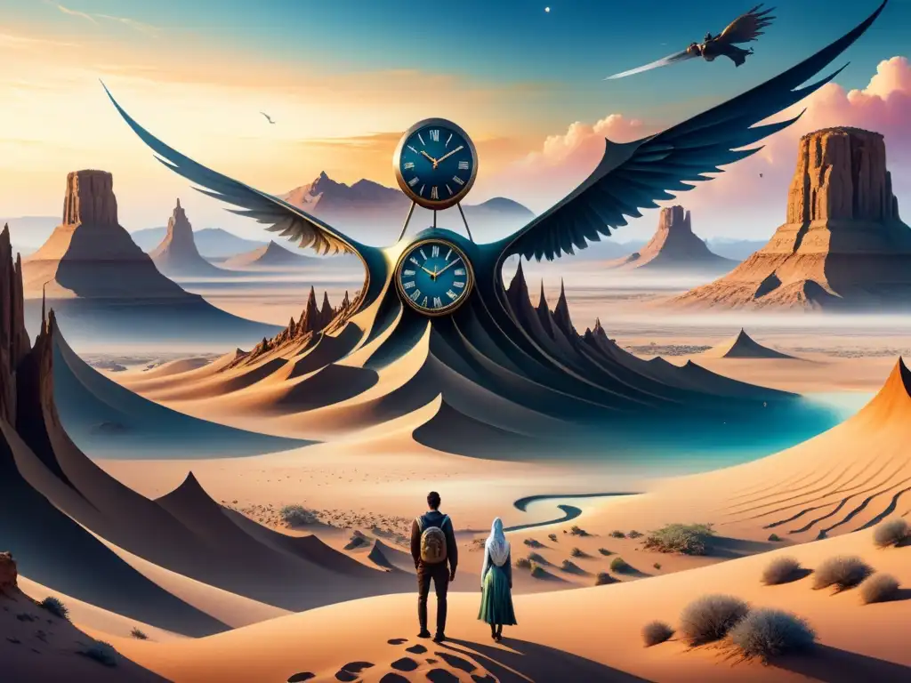 Paisaje surrealista con relojes derretidos en un desierto onírico, criatura con reloj en el rostro y aviones con ojos