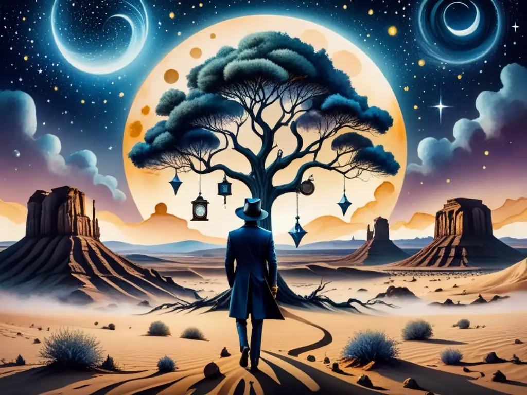 Paisaje surrealista con relojes derretidos y figura flotante Un paisaje surrealista con relojes derretidos en árboles retorcidos y una figura sin rostro flotando en el cielo