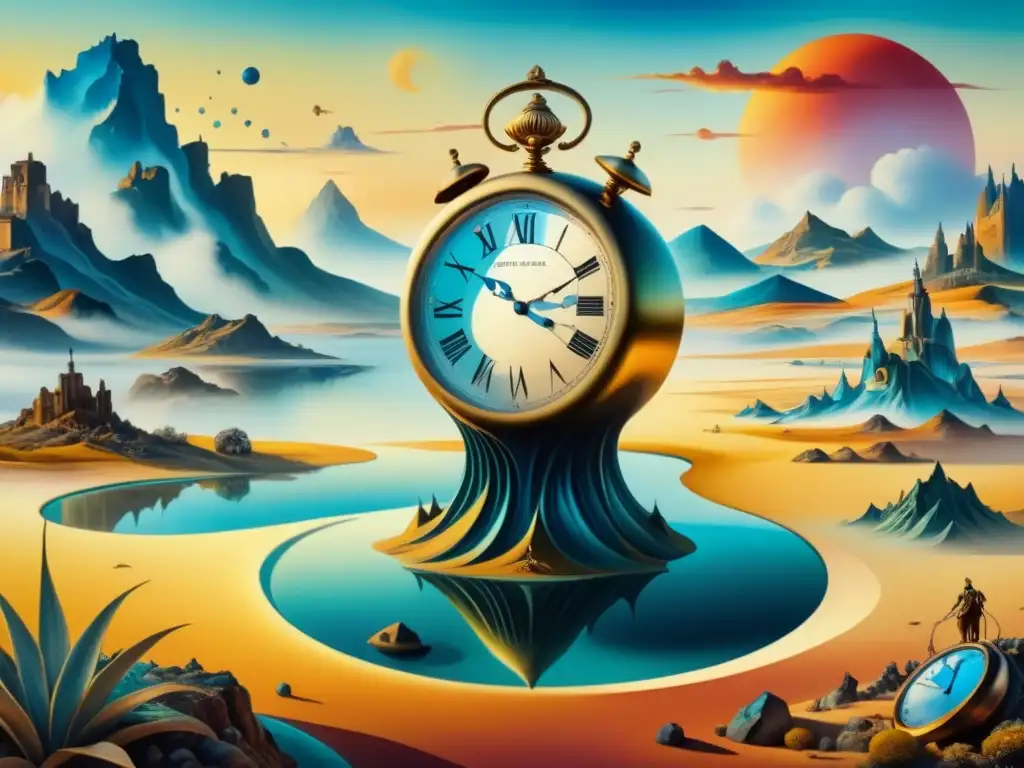 Un paisaje surrealista con relojes derretidos de Dalí y criaturas, en vibrantes acuarelas