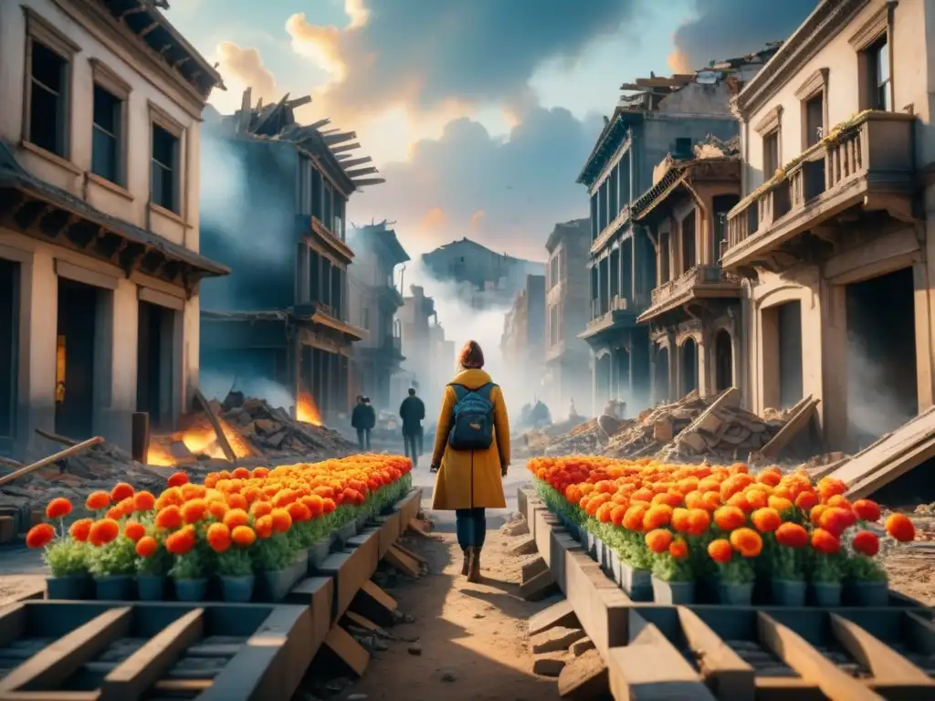 Un paisaje urbano renace en una acuarela detallada post guerras, mostrando reconstrucción, flores y esperanza