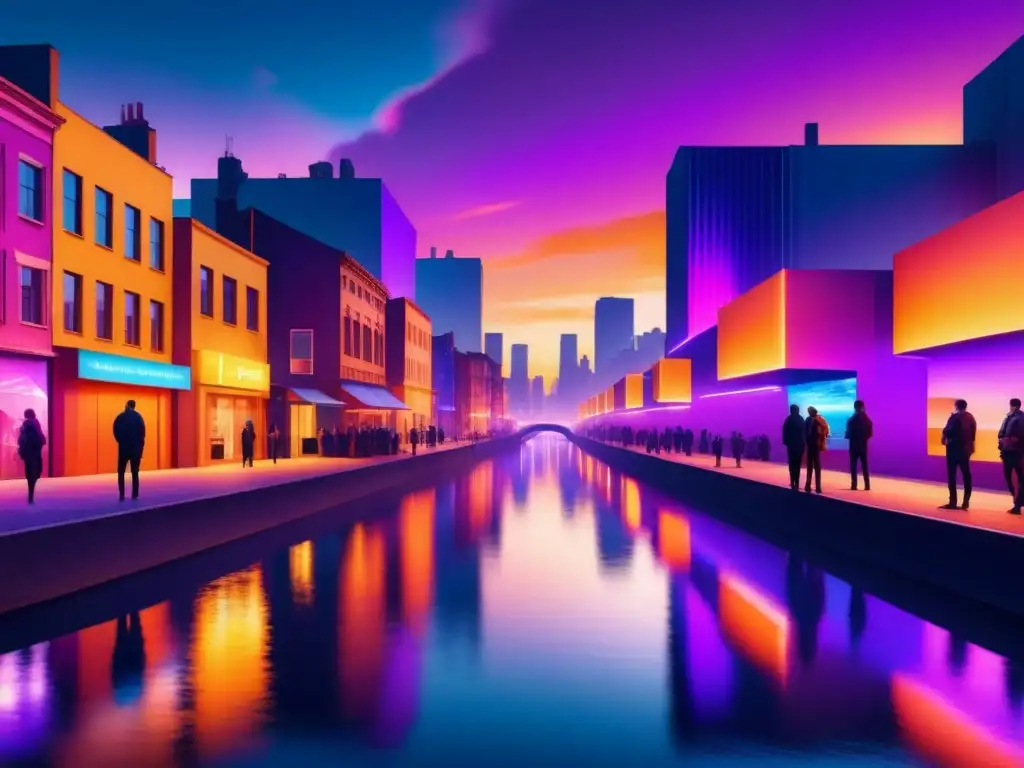 Un paisaje urbano futurista en acuarela al anochecer, con luces neón reflejadas en un canal brillante