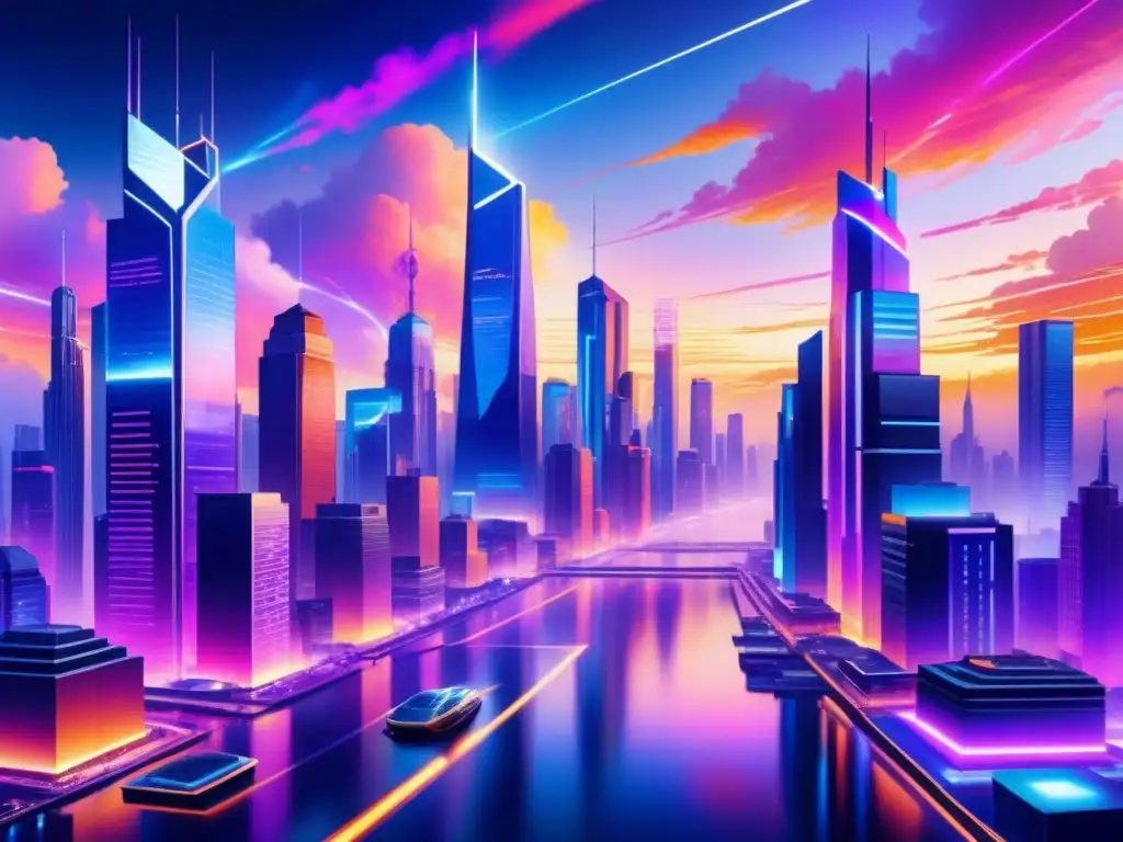 Un paisaje urbano futurista en acuarela con rascacielos digitales y datos brillantes, en tonos de atardecer