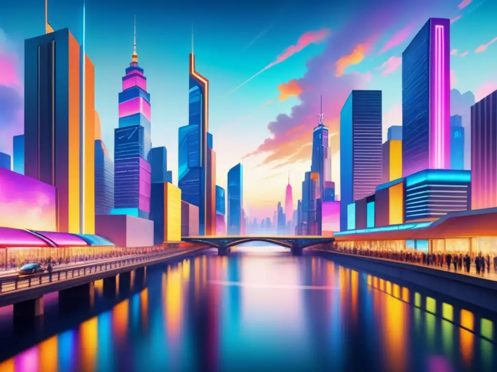 Un paisaje urbano futurista en acuarela: vibrantes colores y luces neón crean una experiencia inmersiva de arte visual postmoderno