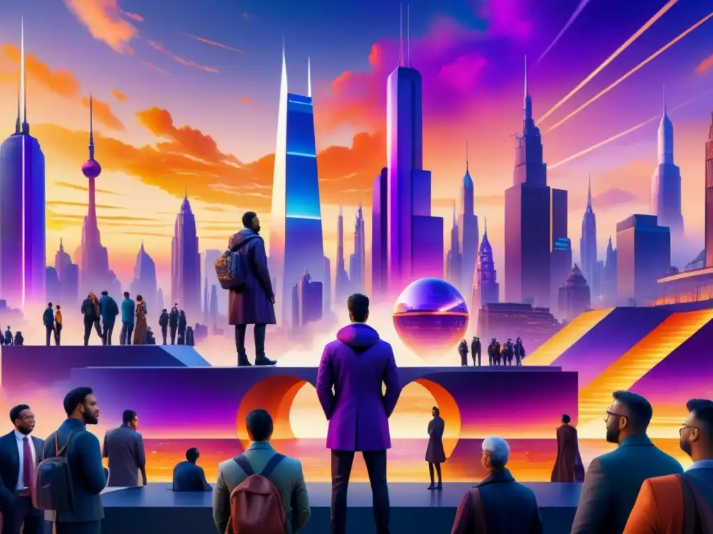 Cityscape futurista: arte abstracto y ciencia avanzada en armonía Un paisaje urbano futurista donde el arte interactivo con ciencia se fusiona en un escenario vibrante al anochecer