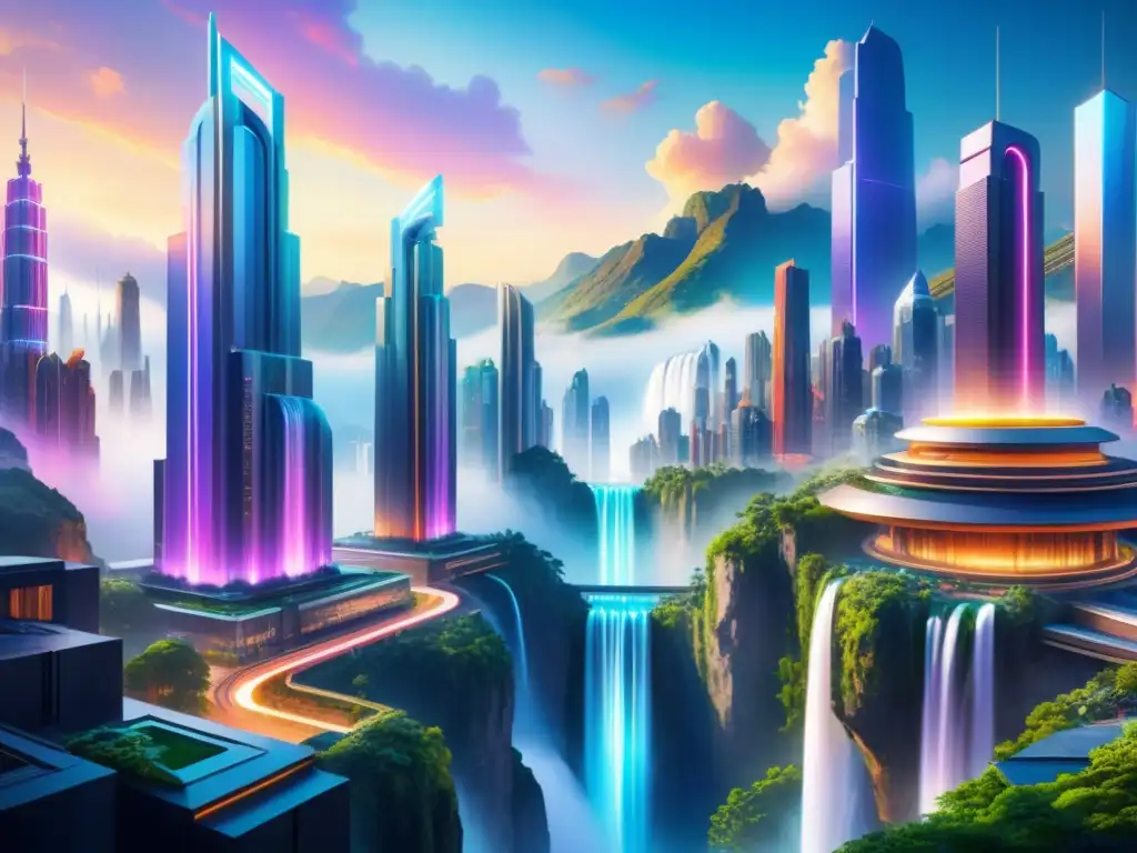 Un paisaje urbano futurista con arte visual y tecnología creativa