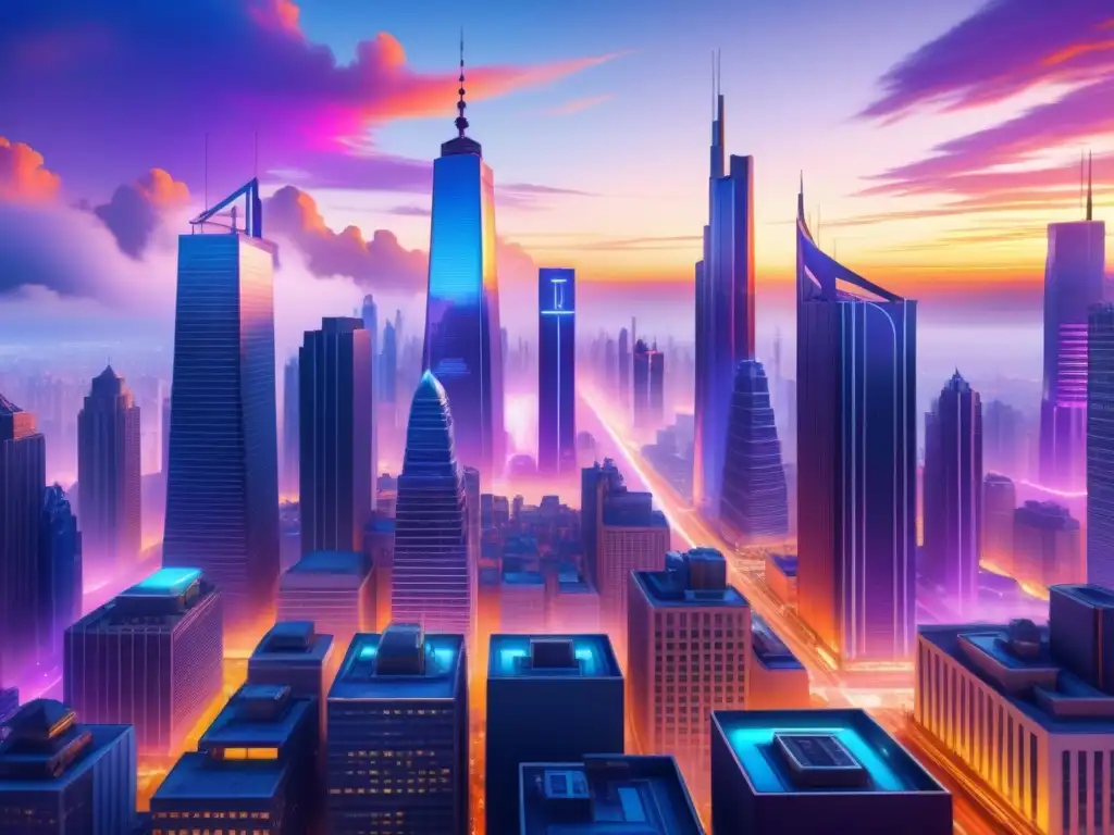 Metrópolis futurista: paisaje urbano interconectado con luces neón Un paisaje urbano futurista y dinámico en acuarela, con rascacielos interconectados por redes de luces neón