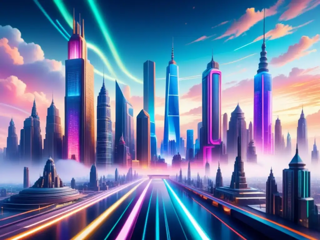 Un paisaje urbano futurista con esculturas digitales expresión artística en colores vibrantes y luces neón