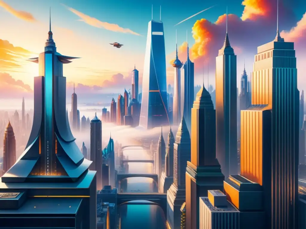 Un paisaje urbano futurista se funde con formas orgánicas en una pintura de acuarela vibrante, evocando las tendencias del arte postmodernista futuro