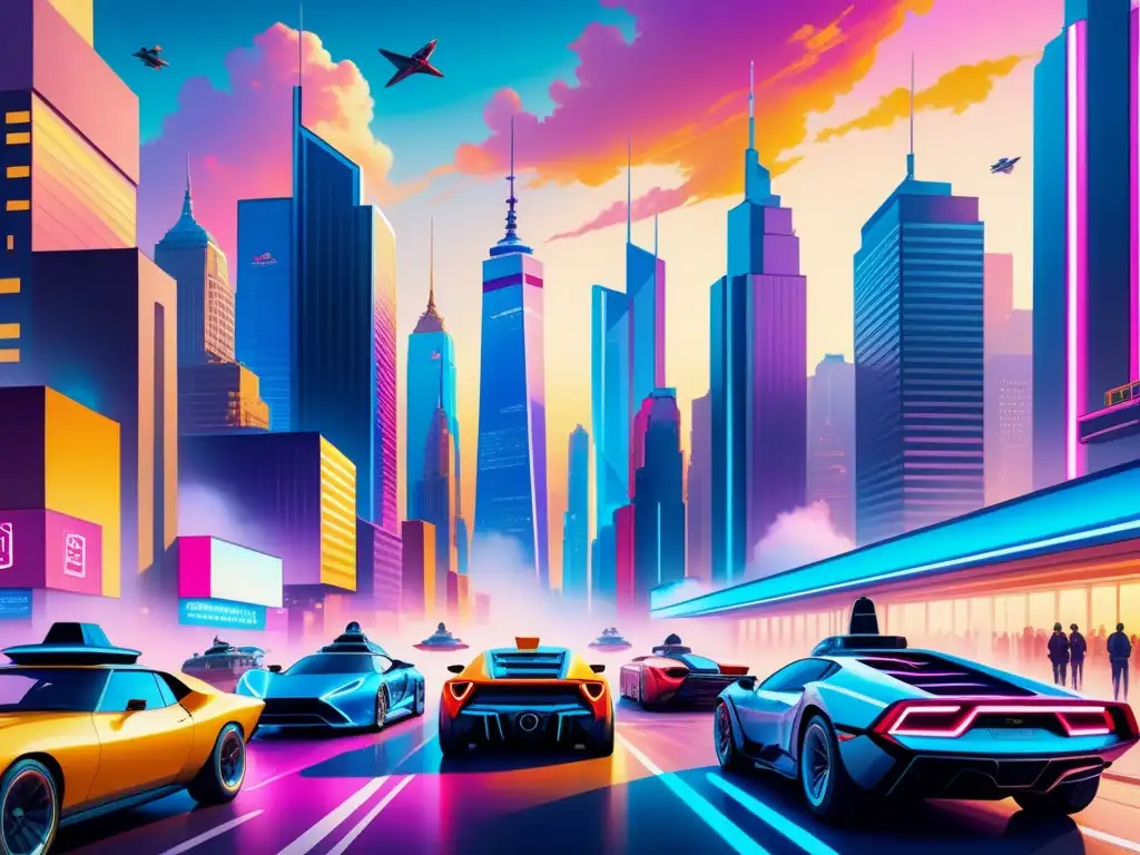 Un paisaje urbano futurista lleno de rascacielos iluminados con neón, murales de arte pop y coches voladores