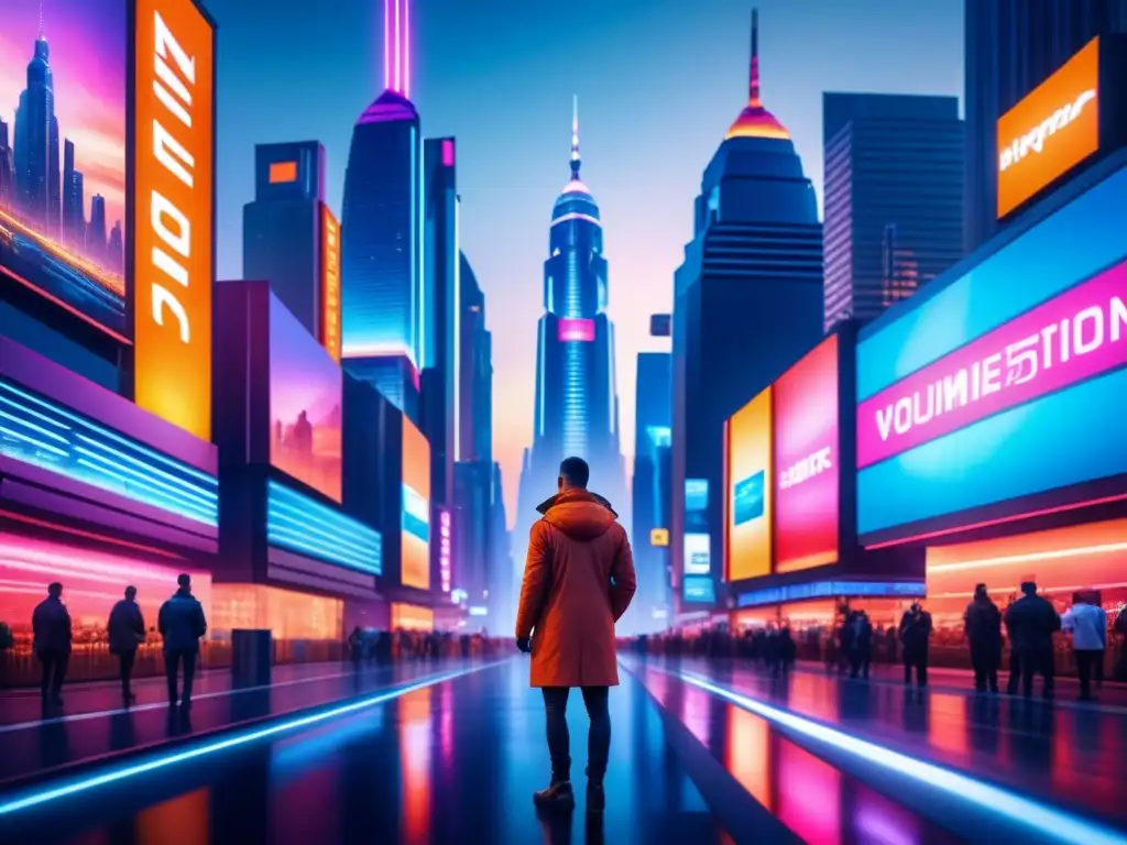 Un paisaje urbano futurista con luces de neón reflejadas en rascacielos, mientras un personaje admira un arte digital en la era digital