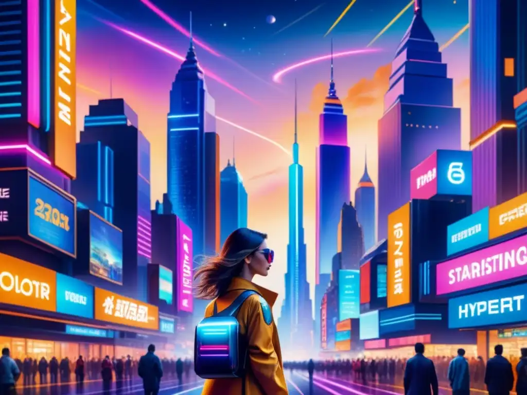 Cityscape futurista: luces neón y tecnología avanzada Un paisaje urbano futurista con luces de neón reflejándose en edificios metálicos, calles llenas de hologramas y vehículos voladores