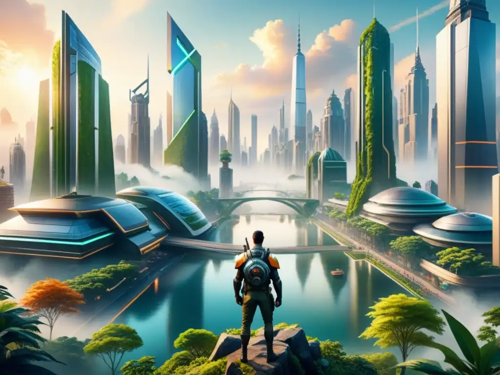 Un paisaje urbano futurista y natural en acuarela, resaltando la importancia del arte en videojuegos