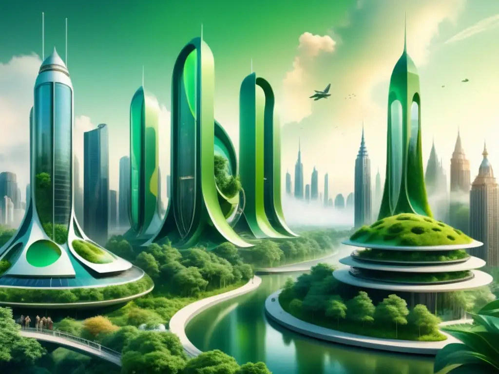 Un paisaje urbano futurista donde la naturaleza y los proyectos sonoros arte sostenibilidad se fusionan en armonía