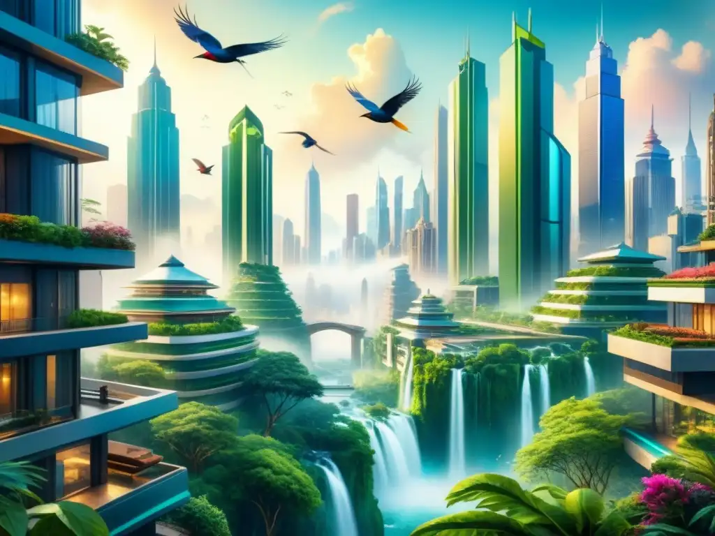 Paisaje urbano futurista se fusiona con la naturaleza en una pintura acuarela detallada