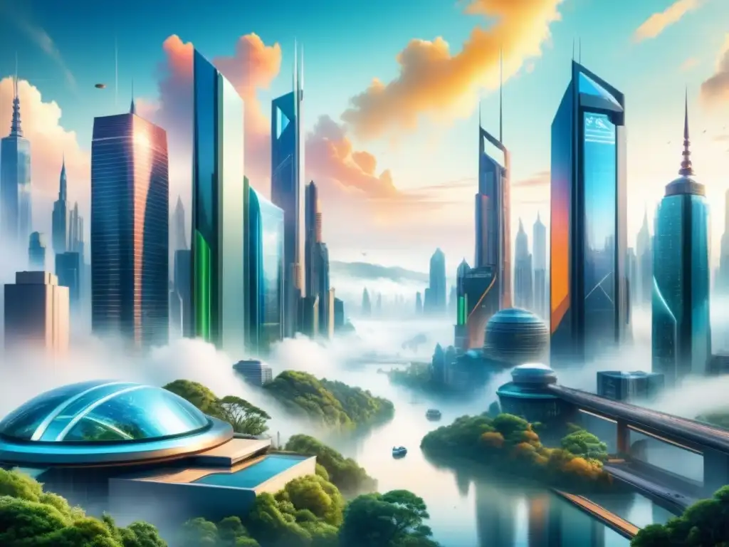 Un paisaje urbano futurista se fusiona con la naturaleza en una pintura acuarela, destacando la armonía entre tecnología y naturaleza