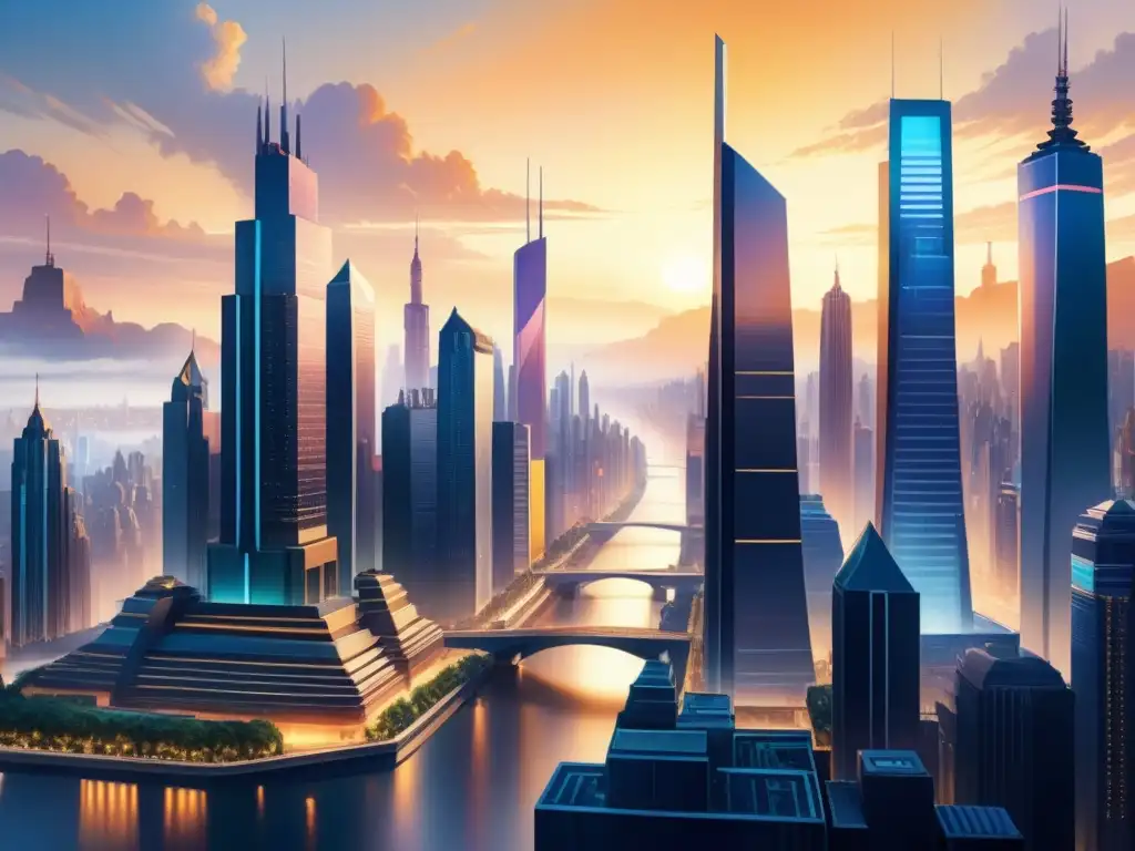 Un paisaje urbano futurista, con rascacielos adornados con arte digital, refleja una innovadora fusión de estilos al atardecer