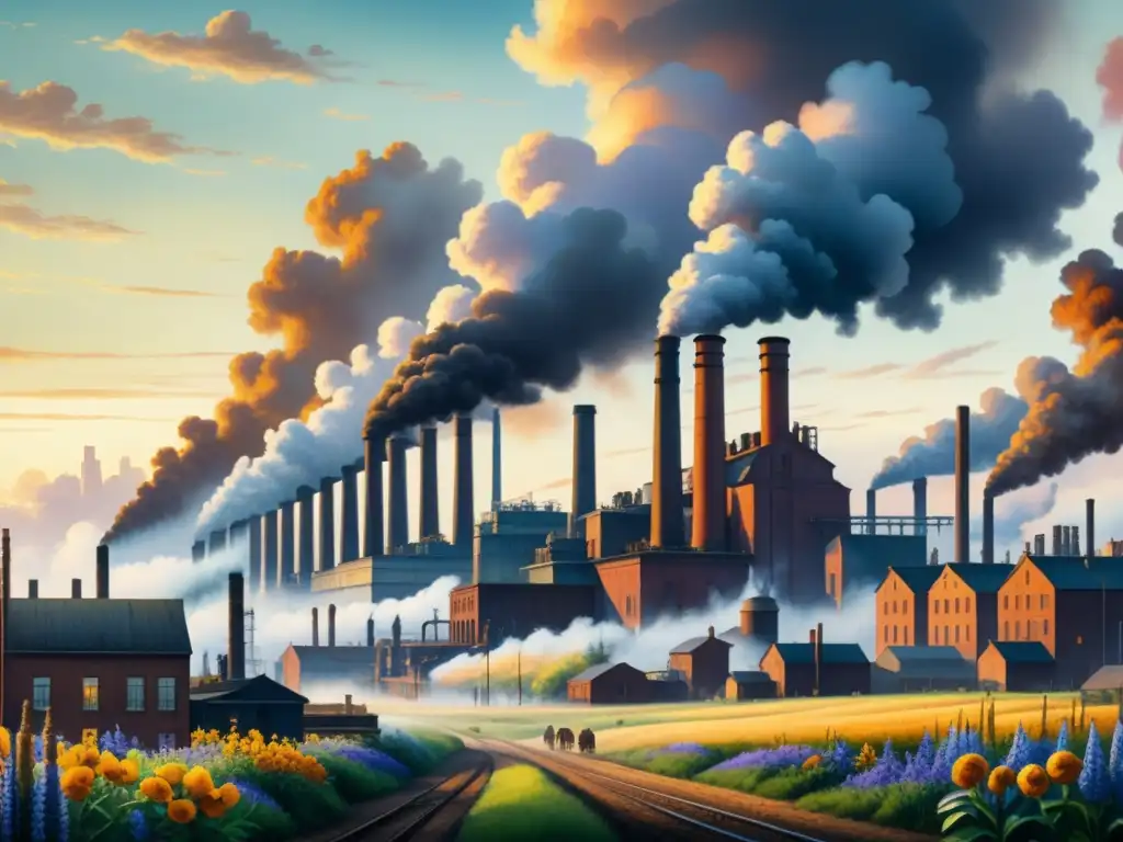 Paisaje urbano de la Revolución Industrial contrasta con la naturaleza en una impactante pintura al óleo que fusiona Impresionismo y Realismo