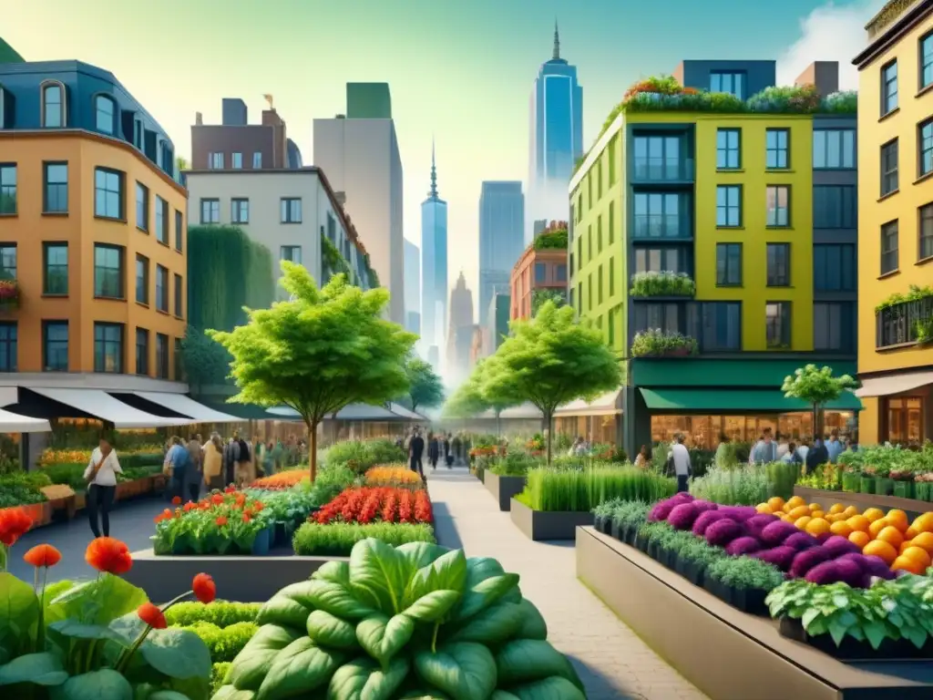 Un paisaje urbano transformado por la naturaleza, con jardines comunitarios y edificios verdes