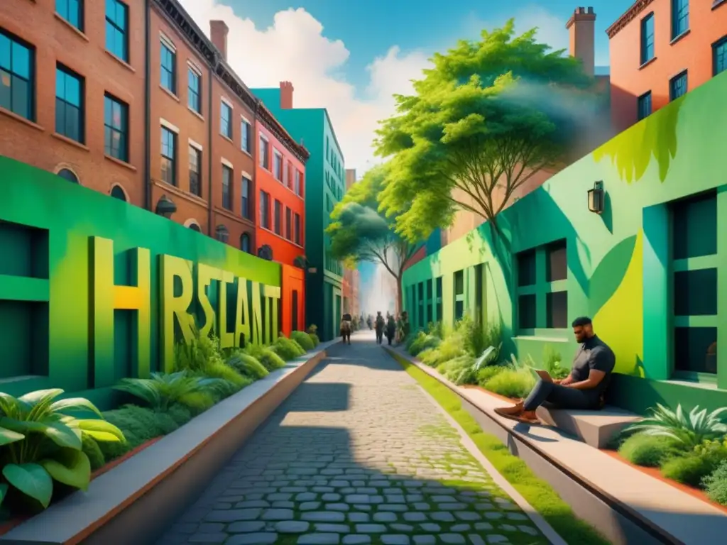 Un paisaje urbano vibrante se transforma con proyectos verdes de arte urbano sostenible
