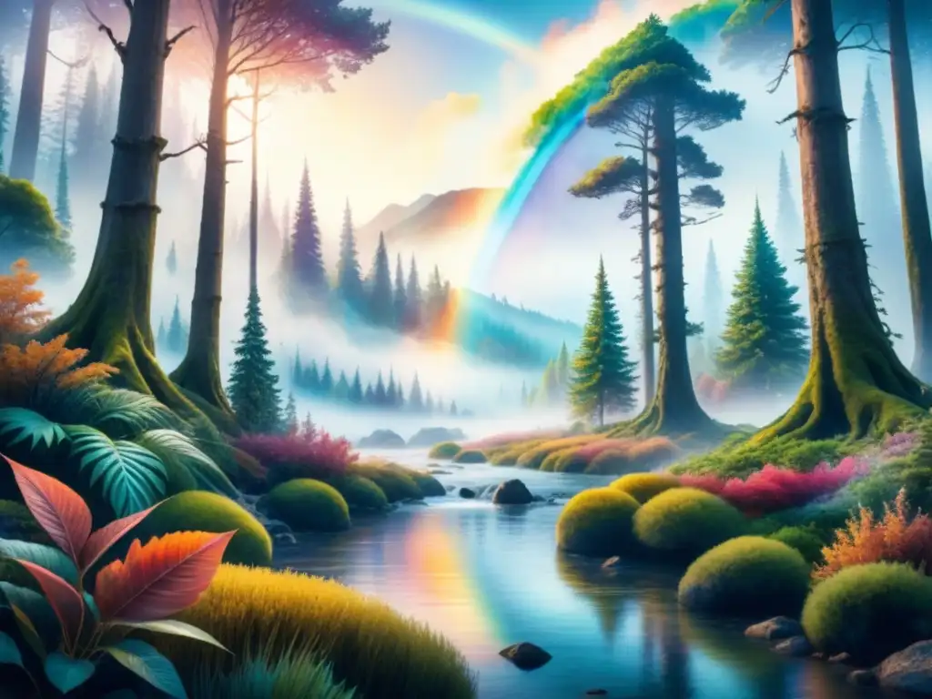 Un paisaje vibrante y mágico en acuarela, inspirado en AR, lleno de colores, texturas y criaturas fantásticas