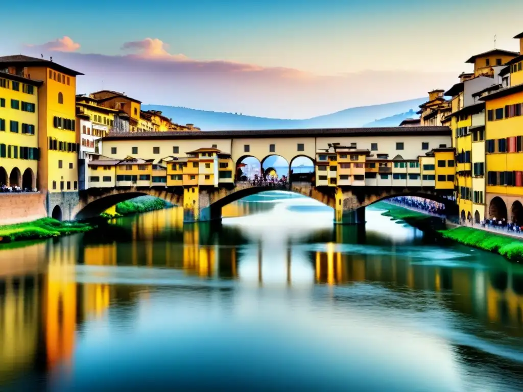 Paisaje vibrante del Puente Vecchio en Florencia, con gente y el río Arno