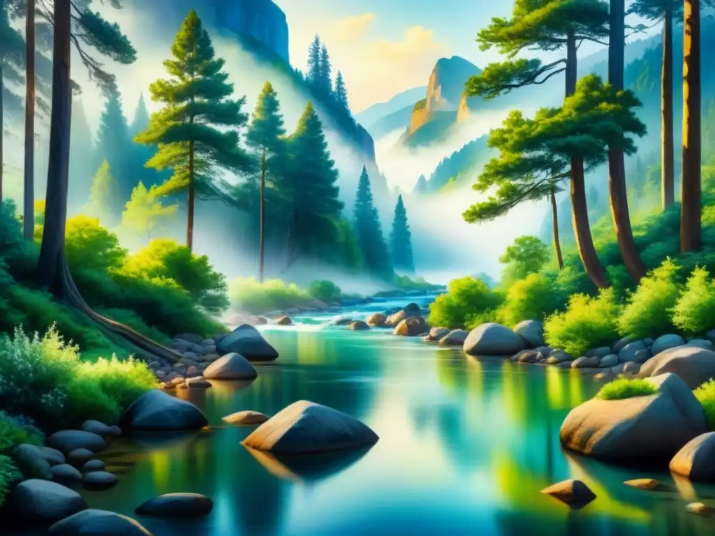 Paisaje vibrante de río sereno, reflejando la luz del sol en una pintura acuarela detallada