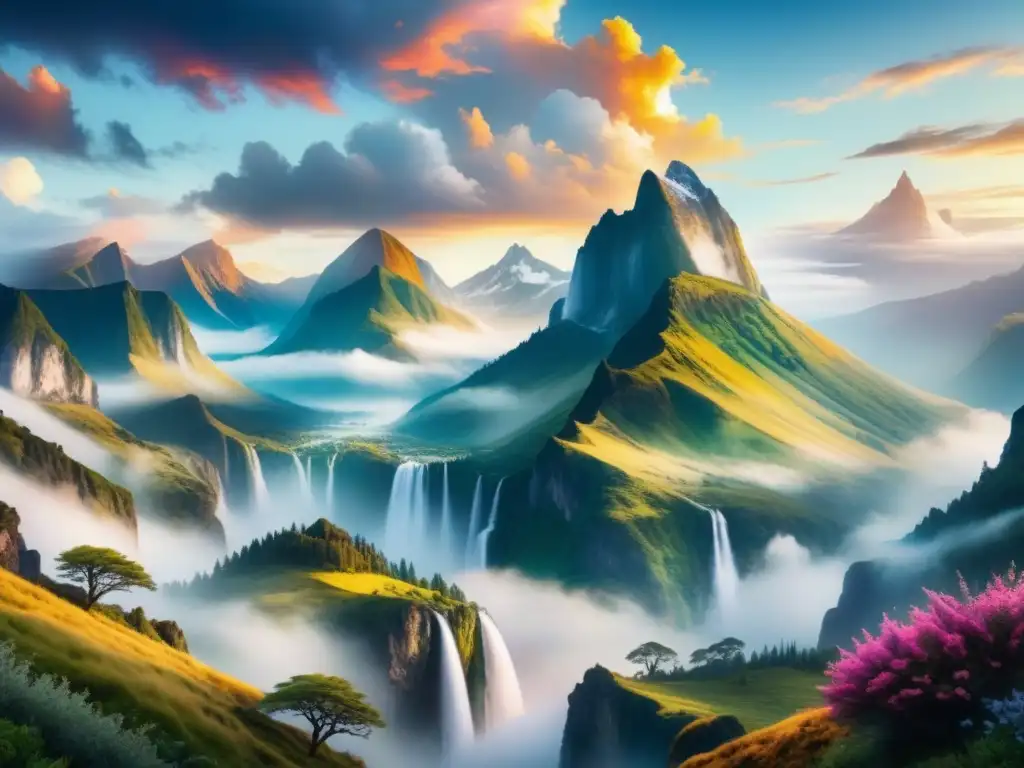 Paisajes sonoros para cine: Ilustración en acuarela de un paisaje vasto y épico con montañas imponentes y cielos coloridos