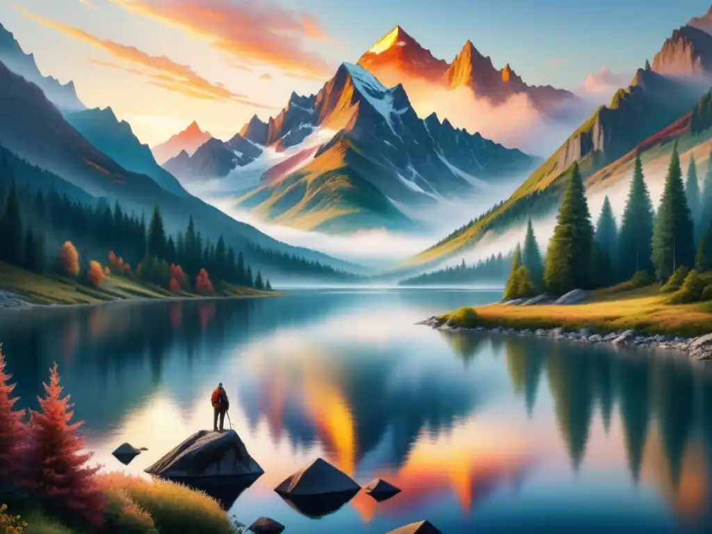 Paisajes sonoros para cine: Ilustración detallada de montañas majestuosas al atardecer, reflejando colores cálidos en un lago sereno