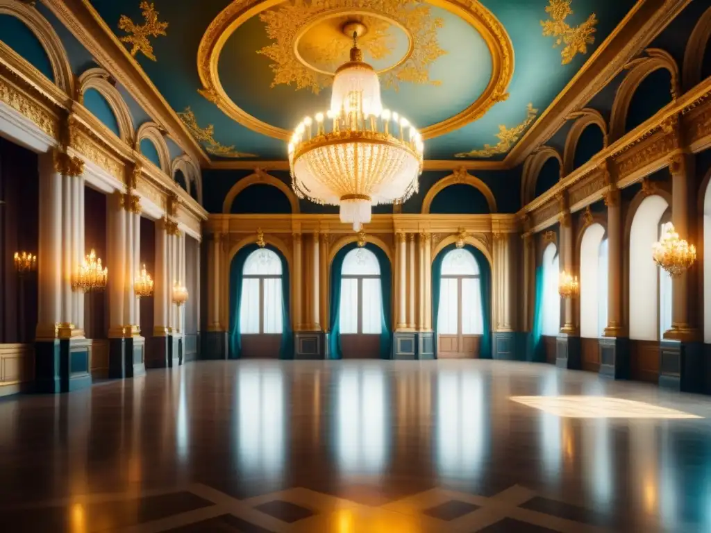 Palacio barroco lujosamente decorado con techos dorados, tapices elaborados, candelabros opulentos y suelos de mármol, bañado en una cálida luz etérea