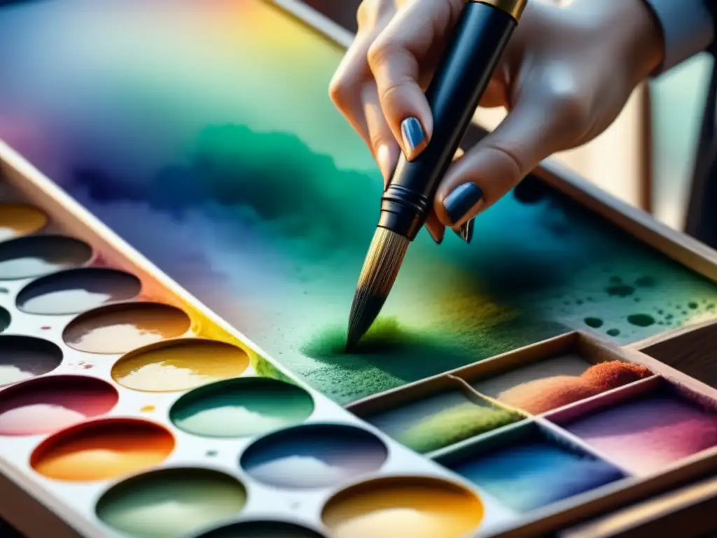 Paleta acuarela detallada: colores vibrantes fusionados Paleta de acuarela detallada con una mezcla vibrante de colores, invitando a mezclar pinturas para obras maestras