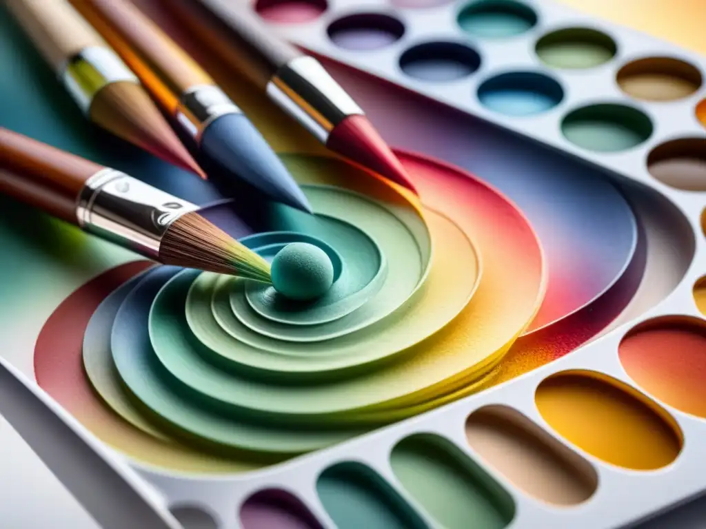 Paleta de acuarela: colores vibrantes se mezclan Una paleta de acuarelas detallada con colores vibrantes mezclándose, resaltando la belleza y complejidad de mezclar pinturas para obras maestras