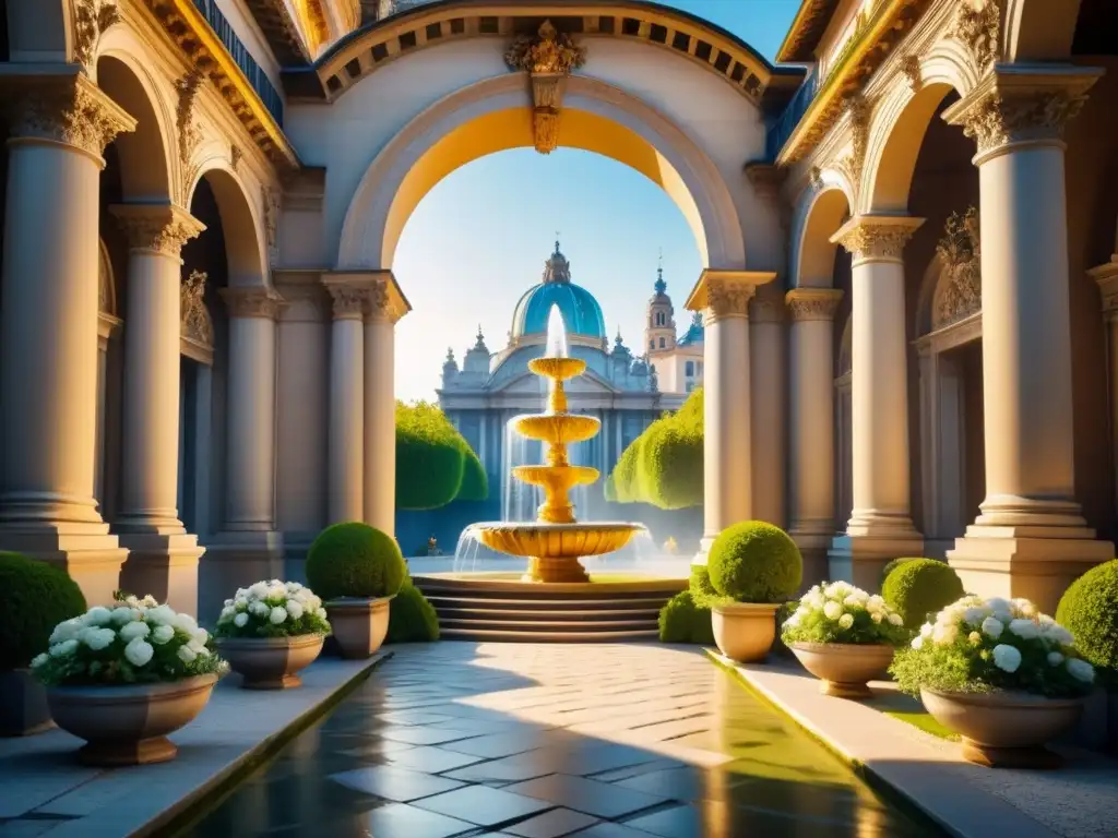 Un patio de palacio europeo barroco con arquitectura ornamentada, fuentes y jardines exuberantes en plena floración