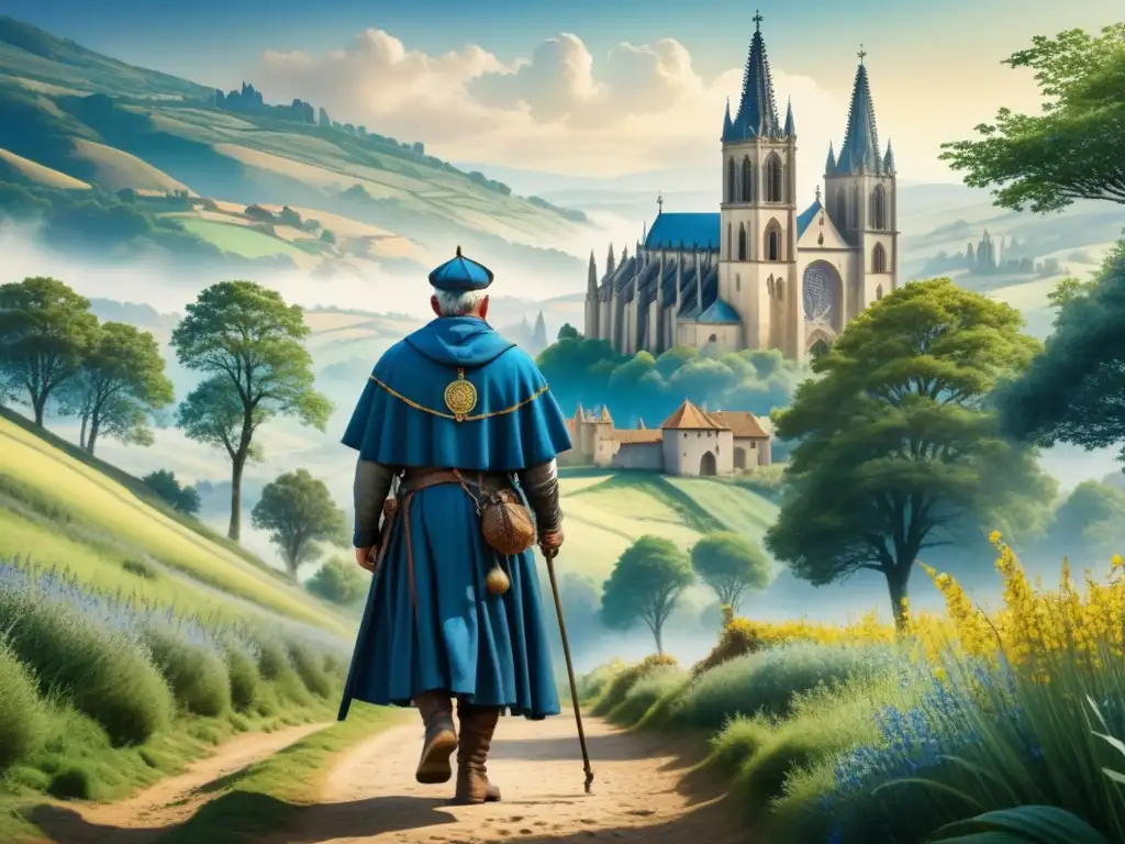 Un peregrino medieval en el Camino de Santiago, rodeado de paisajes verdes y catedrales góticas, bajo un cielo azul vibrante