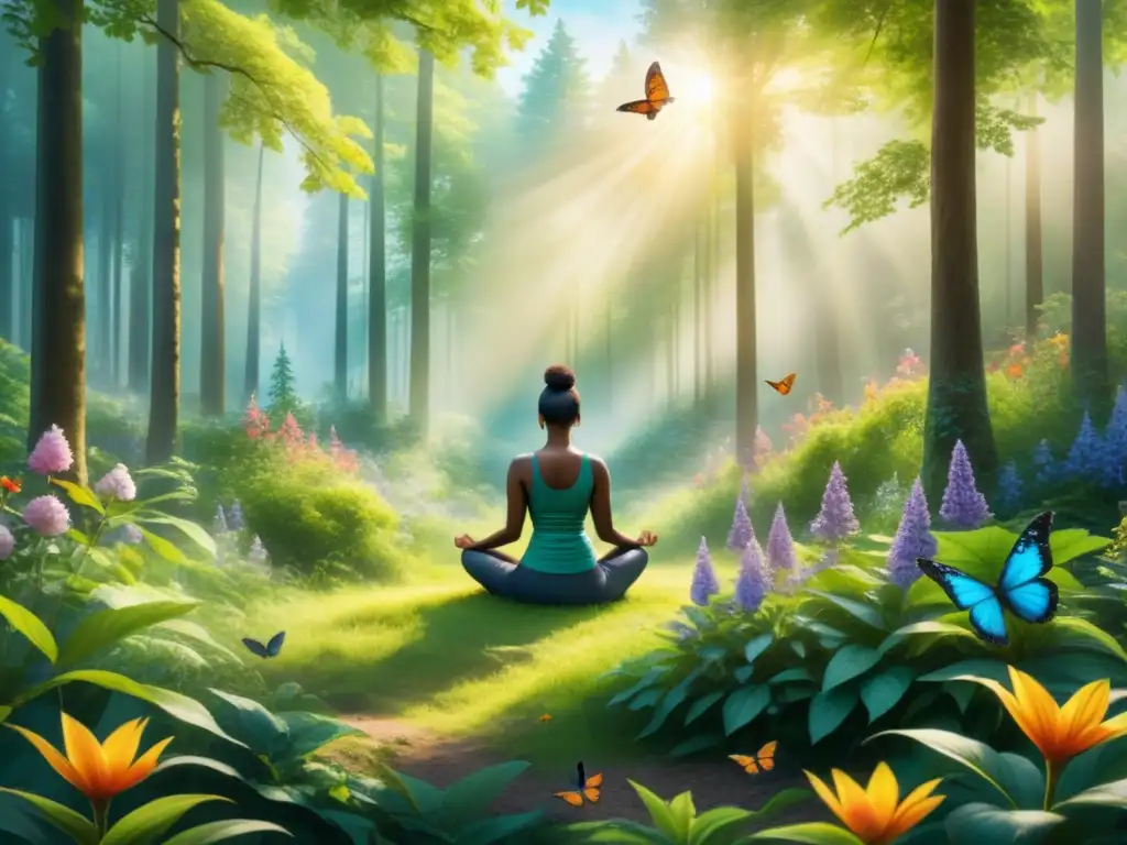 Persona meditando en un bosque rodeado de flores y mariposas, transmite calma y paz interior