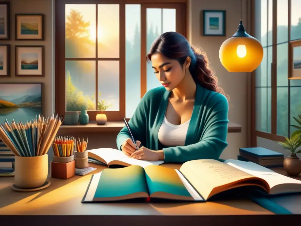 Persona en calma, rodeada de suministros de arte, en un cuarto iluminado por el sol para diario de arte y autoexploración