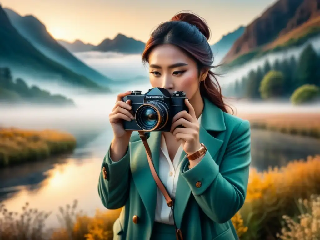 Ilustración acuarela: persona con cámara vintage capturando emoción Persona con cámara antigua en paisaje etéreo, explorando emociones con terapia fotográfica