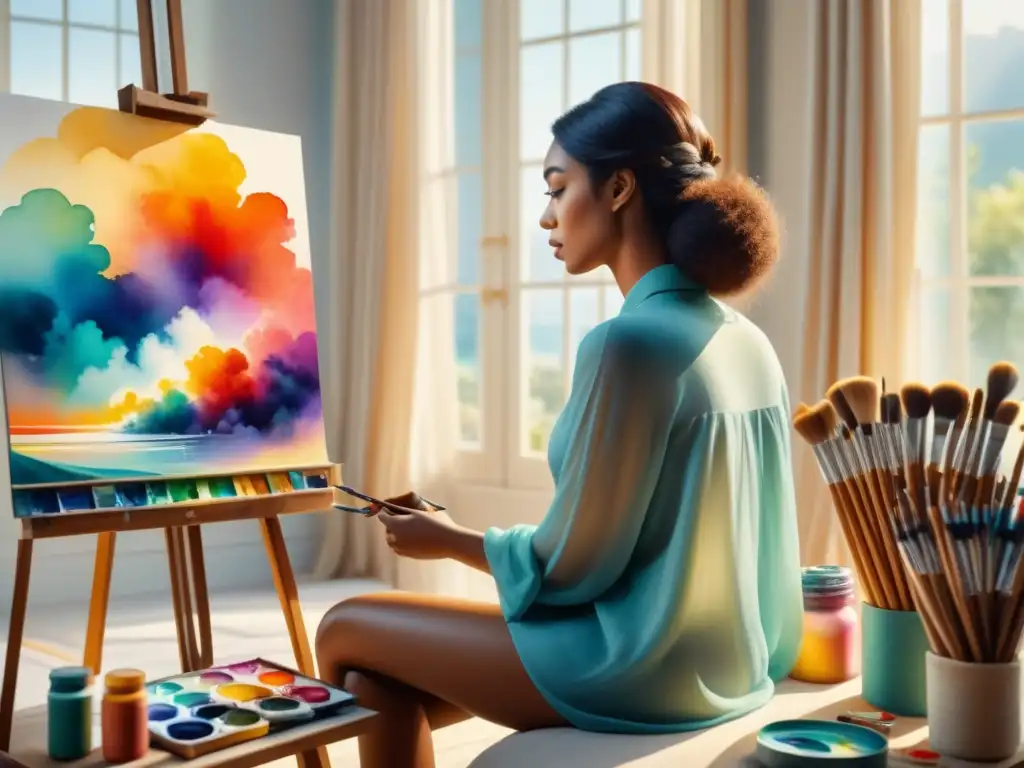Retrato acuarela: autodescubrimiento a través del arte Persona pintando en un estudio luminoso con suministros de arte, simbolizando el desarrollo personal a través del arte