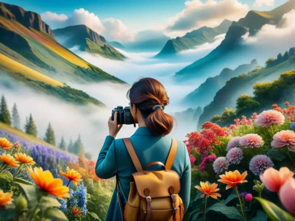 Retrato en acuarela: persona capturando el momento en la naturaleza Persona capturando momentos emocionales en la naturaleza con terapia fotográfica para explorar emociones