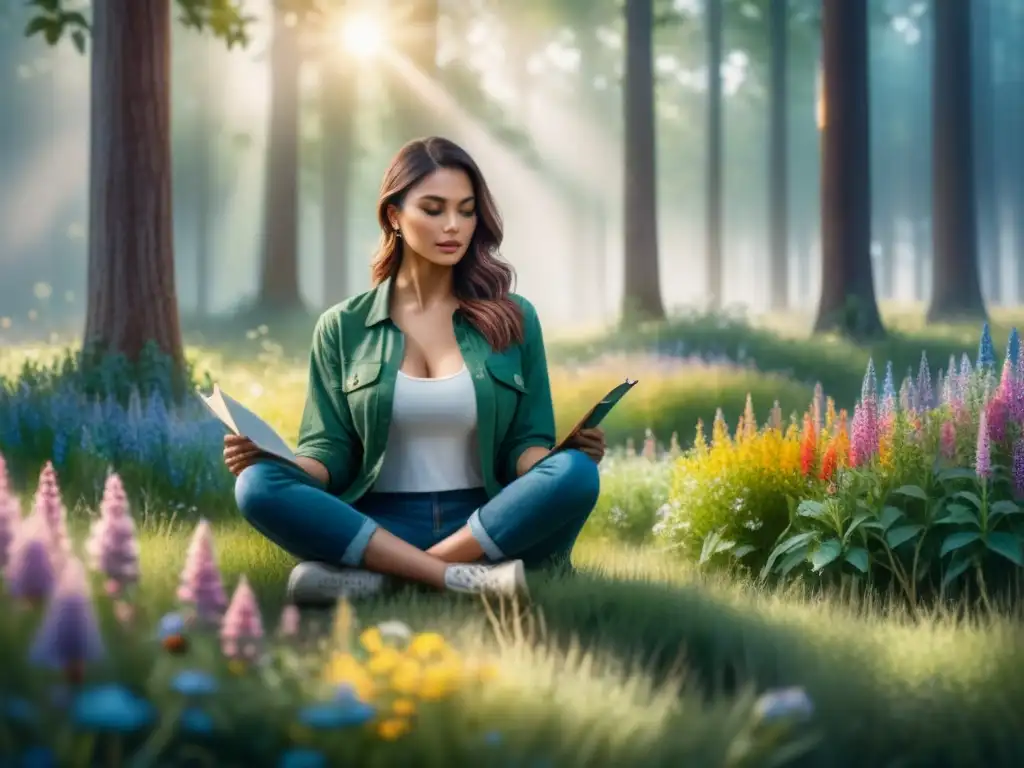 Persona serena dibujando en un diario de arte para autoexploración en prado verde con flores silvestres