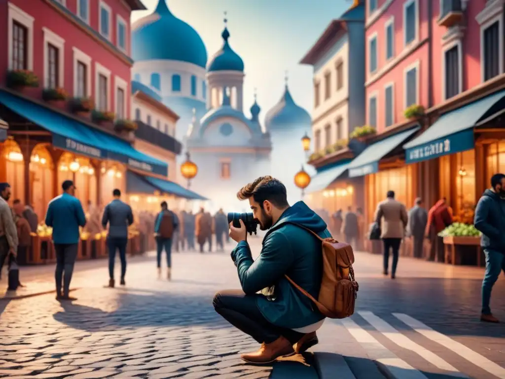 Expresión personal a través de la fotografía: Pintura acuarela de un fotógrafo capturando un momento en una bulliciosa plaza de ciudad