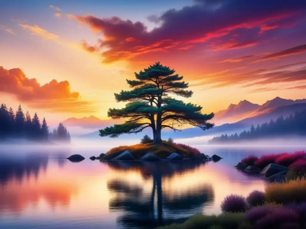 Poesía en composición pictórica: Un lago tranquilo reflejando los colores del atardecer con un árbol solitario