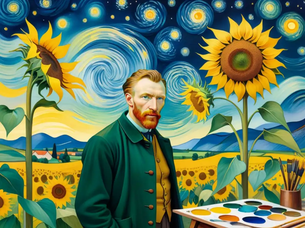 Van Gogh, pintor apasionado en su caótico estudio, reflejando el espíritu romántico en Postimpresionismo