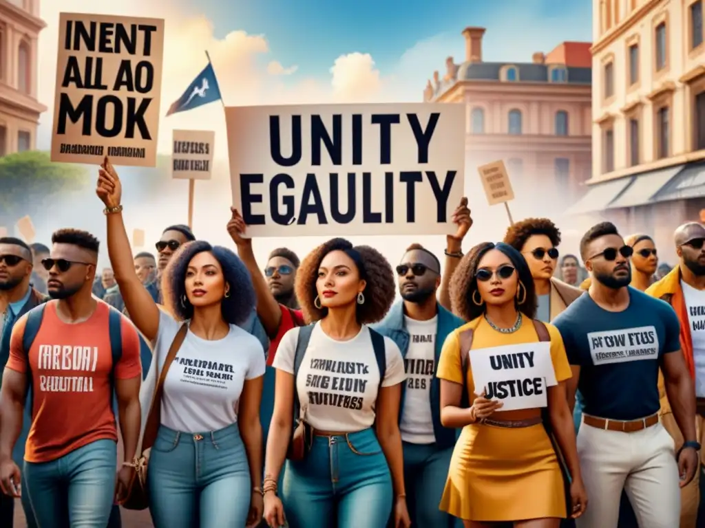 Pintura acuarela de activistas diversos unidos con pancartas coloridas promoviendo igualdad y justicia