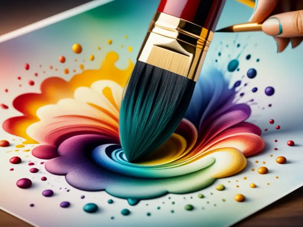 Pintura acuarela de alta gama con mano sosteniendo pincel artístico y vibrantes colores