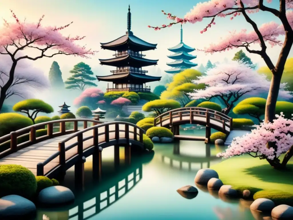 Una pintura acuarela detalla un apacible jardín japonés con cerezos en flor, un puente de madera y una pagoda