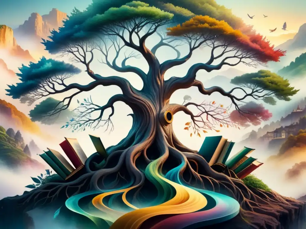 Pintura en acuarela de un árbol majestuoso con ramas entrelazadas adornadas con elementos literarios