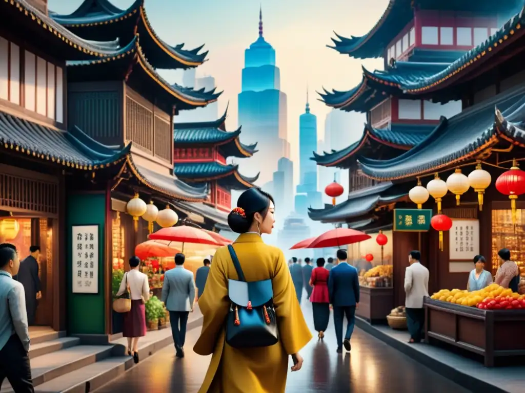 Pintura acuarela: ciudad asiática bulliciosa, fusiona arte moderno y tradición