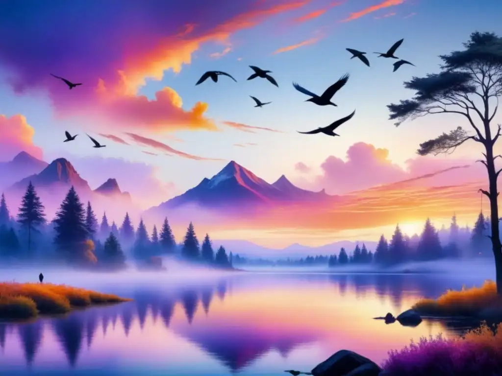 Pintura acuarela: atardecer vibrante sobre lago tranquilo, reflejos de árboles y cielo