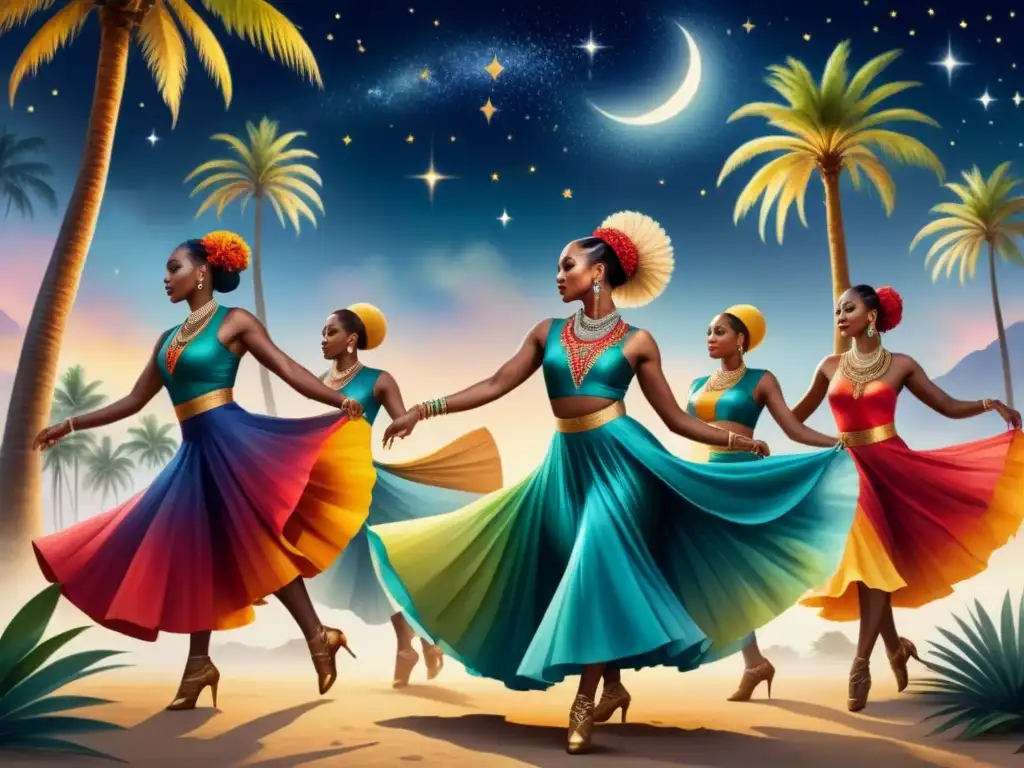 Pintura acuarela de bailarines AfroLatino en trajes tradicionales vibrantes bajo el cielo estrellado